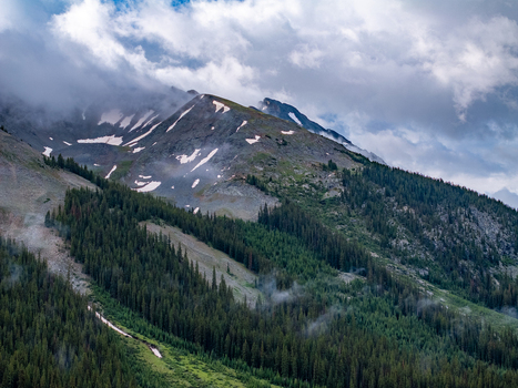 View of rugged mountain peaks with patches of snow and dense evergreen forests under a misty overcast sky in the Rocky Mountains CO United States.