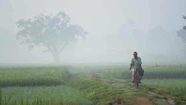 View of a man riding a bicycle through foggy fields Bangladesh.