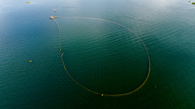 Aerial view of a large circular fishing net deployed in the calm waters of Kaptai Lake with a small boat nearby in Rangamati Chittagong Division Bangladesh.