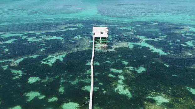 Aerial view of a white stilt house over a coral reef Maldives.