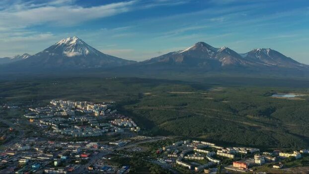 Aerial view of Petropavlovsk Kamchatskiy and volcanoes Russia.