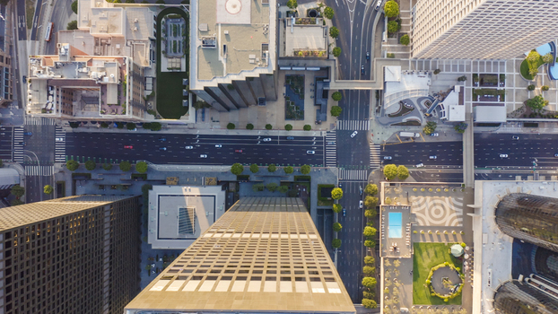 Aerial view of modern skyscrapers and urban streets in downtown Los Angeles California United States.