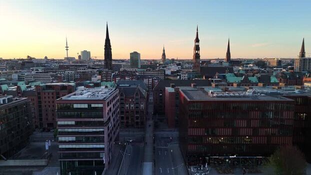 Aerial view of Speicherstadt and the city skyline at sunset Germany. Aerial view of Speicherstadt and the city skyline at sunset Germany.