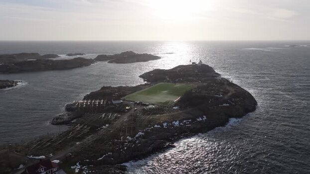 Aerial view of Henningvaer football pitch in Lofoten Norway.