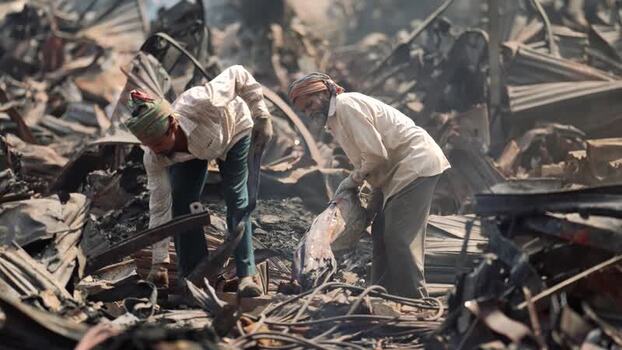 View of workers clearing debris after a fire in Dhaka Bangladesh. View of workers clearing debris after a fire in Dhaka Bangladesh.