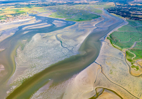 Aerial view of Baie de Somme estuary with intricate tidal channels sandbanks and lush salt marshes near the town of Saint Valery sur Somme Hauts de France France. Aerial view of Baie de Somme estuary with intricate tidal channels sandbanks and lush salt marshes near the town of Saint Valery sur Somme Hauts de France France.