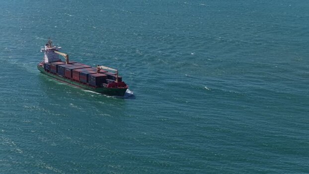Aerial view of a container ship in the ocean Portugal.