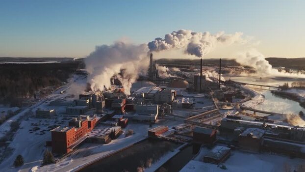 Aerial view of Metsa Board Aanekoski mill in winter Finland.