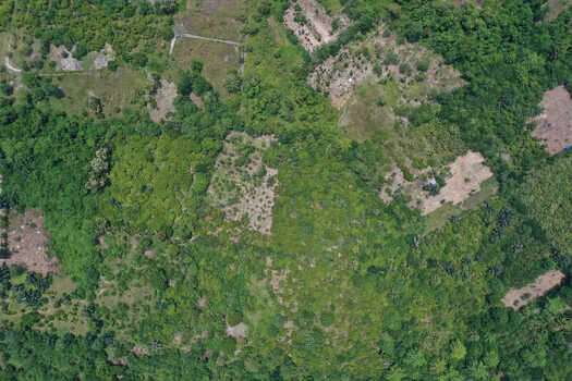 Aerial view of lush tropical vegetation and patches of cleared land in the rural landscape of Maginti South East Sulawesi Indonesia. Aerial view of lush tropical vegetation and patches of cleared land in the rural landscape of Maginti South East Sulawesi Indonesia.