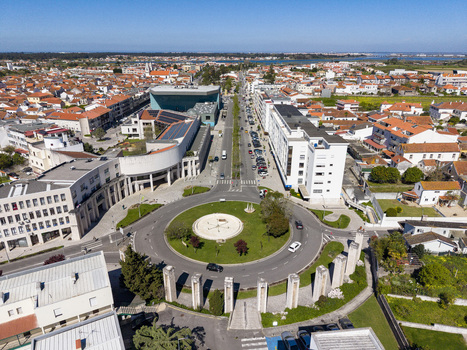 Aerial view of a vibrant roundabout with lush greenery and surrounding buildings under a clear blue sky Aveiro Portugal. Aerial view of a vibrant roundabout with lush greenery and surrounding buildings under a clear blue sky Aveiro Portugal.