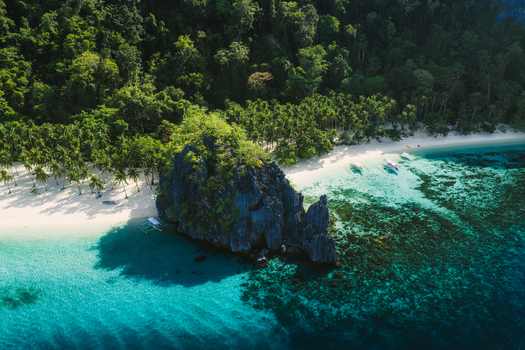Aerial view of Papaya Beach featuring a large limestone rock formation lush palm trees white sand and clear turquoise waters with coral reefs in El Nido Mimaropa Philippines. Aerial view of Papaya Beach featuring a large limestone rock formation lush palm trees white sand and clear turquoise waters with coral reefs in El Nido Mimaropa Philippines.
