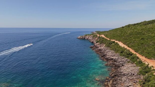 Aerial view of Aquarium Beach coastline in Jala Albania.