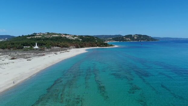 Aerial view of Possidi Beach and lighthouse Greece.