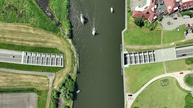 Aerial view of an aqueduct with boats in Koudum Netherlands.