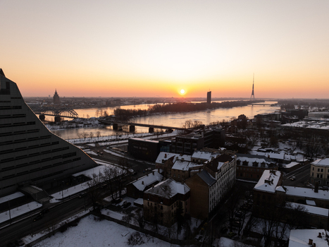 Aerial view of the National Library of Latvia and the Daugava River during a winter sunrise in Riga Latvia. Aerial view of the National Library of Latvia and the Daugava River during a winter sunrise in Riga Latvia.