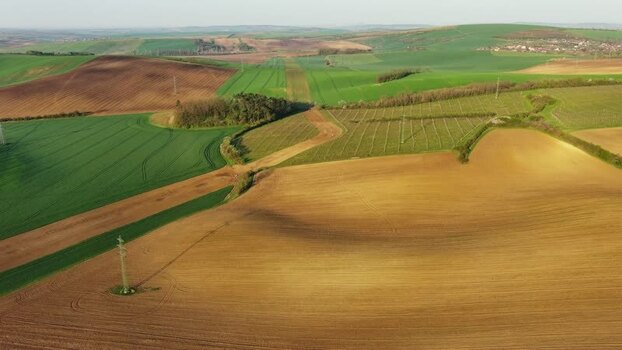 Aerial view of rolling farmland in South Moravian Region Czechia.