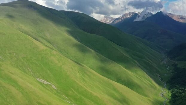 Aerial view of Caucasus Mountains and Elbrus Russia.