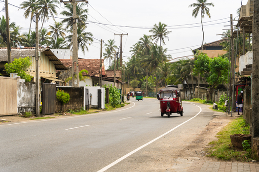 Sri Lanka 07 January 2026 View of tuk tuks with drivers driving along a paved road lined with palm trees and utility poles under an overcast sky.