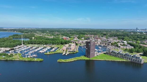 Aerial view of a marina and modern buildings Netherlands.