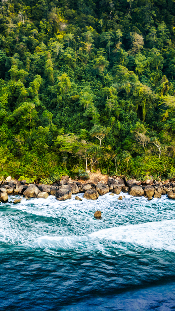 Aerial view of Modangan Beach featuring a lush tropical forest meeting a rocky shoreline with crashing ocean waves in Donomulyo East Java Indonesia. Aerial view of Modangan Beach featuring a lush tropical forest meeting a rocky shoreline with crashing ocean waves in Donomulyo East Java Indonesia.