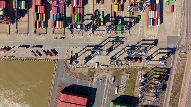 Aerial view of shipping containers at Port of Felixstowe United Kingdom.
