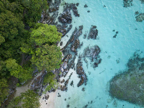 Aerial view of the rugged Tanjung Gelam Beach where emerald foliage meets the turquoise sea Karimunjawa Central Java Indonesia. Aerial view of the rugged Tanjung Gelam Beach where emerald foliage meets the turquoise sea Karimunjawa Central Java Indonesia.