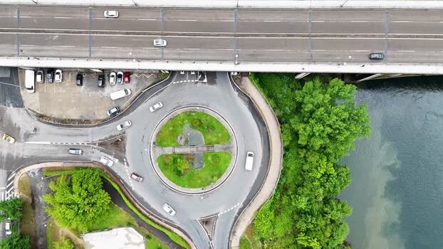 Aerial view of a traffic roundabout and bridge in Ourense Spain.