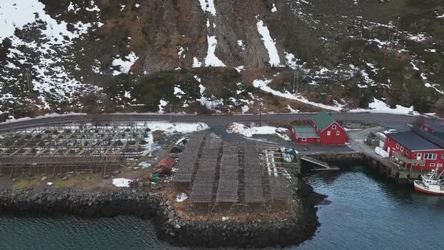 Aerial view of fish drying racks Ballstad Norway.