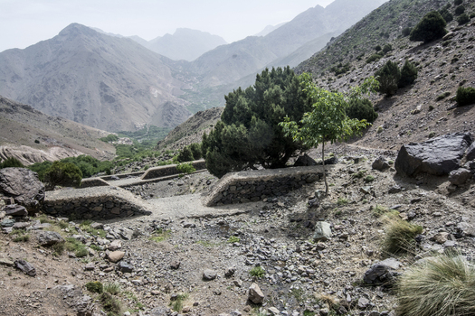 View of the rugged Atlas Mountains landscape with stone walls and green vegetation overlooking the valley near Tizi Oussem village Tizi Oussem Marrakech Safi Morocco. View of the rugged Atlas Mountains landscape with stone walls and green vegetation overlooking the valley near Tizi Oussem village Tizi Oussem Marrakech Safi Morocco.