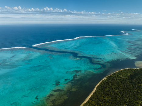 Aerial view of the vibrant turquoise lagoon meeting the deep blue sea framed by the verdant coastline Noumea South Province New Caledonia.
