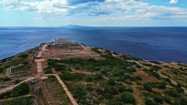 Aerial view of Temple of Poseidon at Cape Sounion Greece.