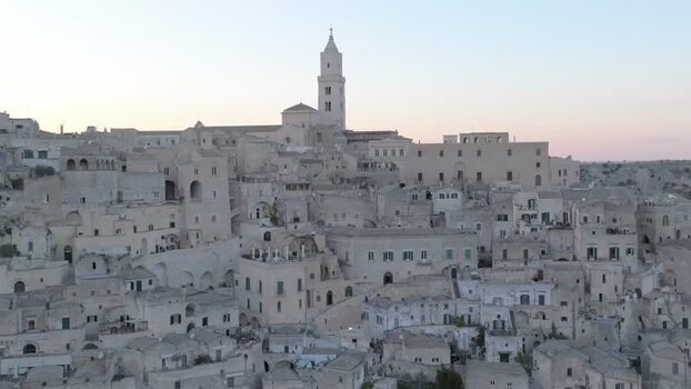 Aerial view of Sassi di Matera historic stone buildings Italy.