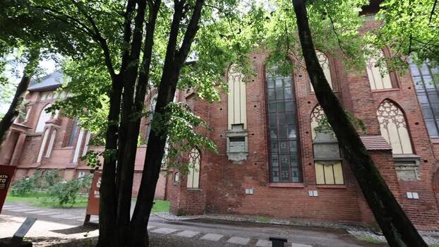 View of the historic red brick Gothic cathedral in Kaliningrad Russia.