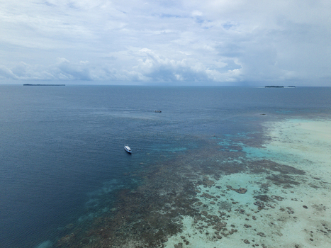 Aerial view of a boat sailing on the cerulean sea contrasting with the shallow turquoise waters near the coral reef Karimunjawa Central Java Indonesia.