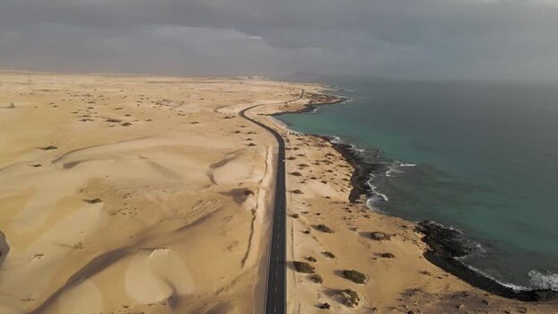 Aerial View of a road along the coast Fuerteventura Canary Islands Spain.