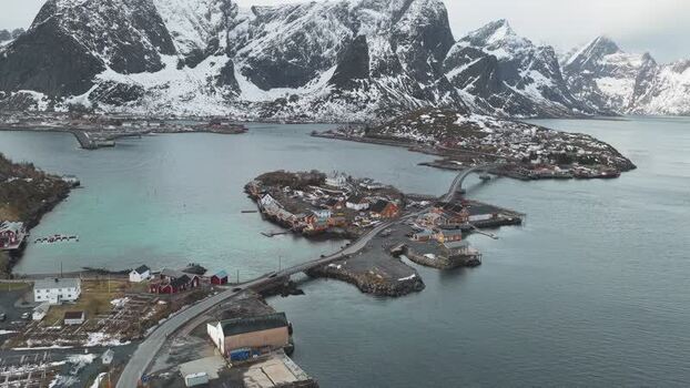 Aerial view of Hamn&oslash;y with bridges Norway.