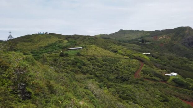 View of green hills scattered houses and the ocean Pitcairn Islands.