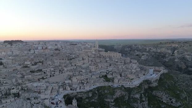 Aerial view of Sassi di Matera at sunset Italy.