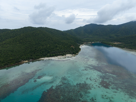 Aerial view of turquoise waters meeting verdant hilly landscapes under a cloudy sky at Bobby Beach Karimunjawa Central Java Indonesia.