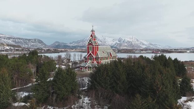 Aerial view of Buksnes Church Norway.