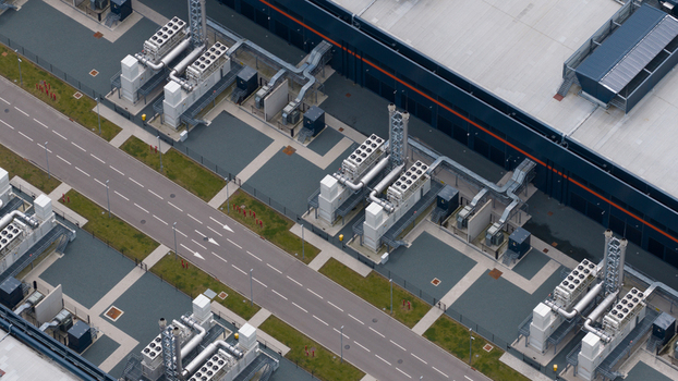Aerial view of industrial cooling units and ventilation systems at the Agriport business park with a service road and modern facility Middenmeer Noord Holland Netherlands. Aerial view of industrial cooling units and ventilation systems at the Agriport business park with a service road and modern facility Middenmeer Noord Holland Netherlands.