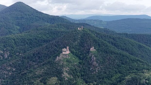 Aerial view of the three medieval castle ruins France. Aerial view of the three medieval castle ruins France.