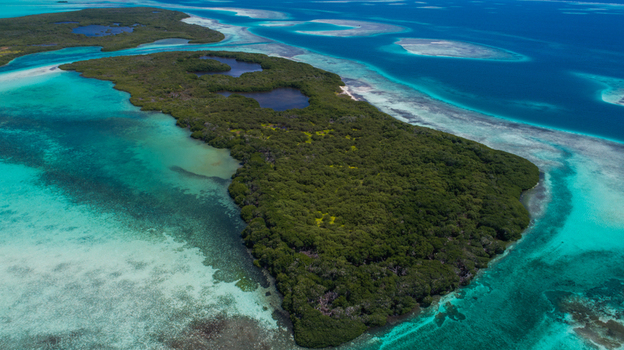 Aerial view of the lush mangrove forests and turquoise lagoons of the Los Roques archipelago surrounded by coral reefs in Los Roques Dependencias Federales Venezuela. Aerial view of the lush mangrove forests and turquoise lagoons of the Los Roques archipelago surrounded by coral reefs in Los Roques Dependencias Federales Venezuela.