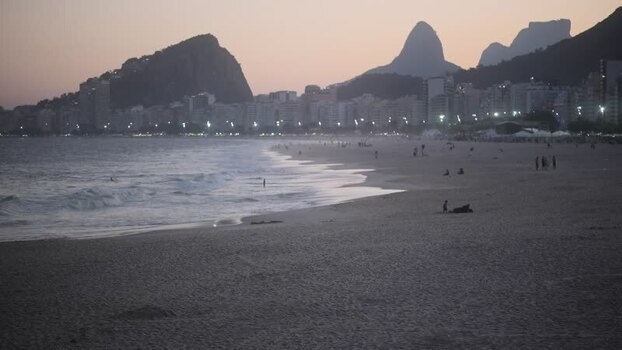 View of Copacabana Beach at dusk in Rio de Janeiro Brazil.