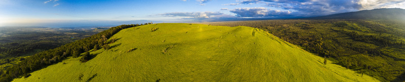 Aerial view of the Puu Waawaa cinder cone featuring lush green slopes and surrounding forests Hawaii County Hawaii United States. Aerial view of the Puu Waawaa cinder cone featuring lush green slopes and surrounding forests Hawaii County Hawaii United States.