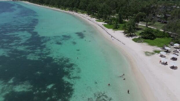 Aerial view of Belle Mare Beach in Quatre Cocos Mauritius.