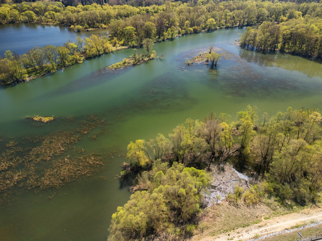Aerial view of the Biela Orava river featuring lush green trees and small islands in Namestovo Zilinsky kraj Slovakia. Aerial view of the Biela Orava river featuring lush green trees and small islands in Namestovo Zilinsky kraj Slovakia.