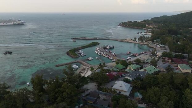 Aerial view of Anse Reunion harbor in Seychelles.