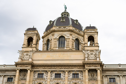 View of the ornate dome and classical facade of the Natural History Museum under an overcast sky in Vienna Vienna Austria. View of the ornate dome and classical facade of the Natural History Museum under an overcast sky in Vienna Vienna Austria.