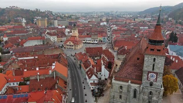 Aerial view of Black Church and historic town square in Brasov Romania. Aerial view of Black Church and historic town square in Brasov Romania.